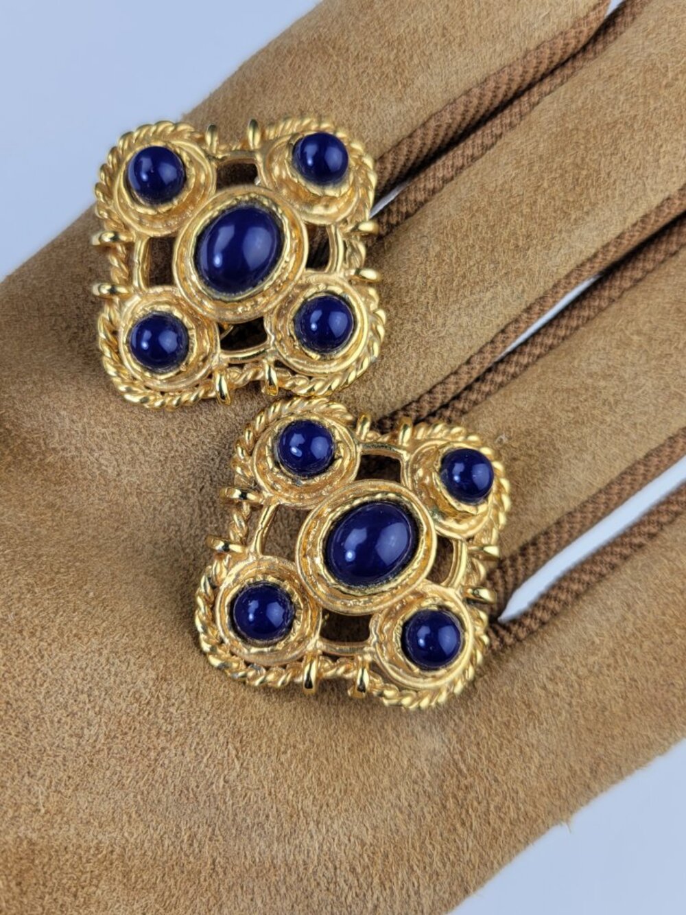 Vintage Gold-Tone Statement Earrings with Cobalt Blue Stones Clip-on